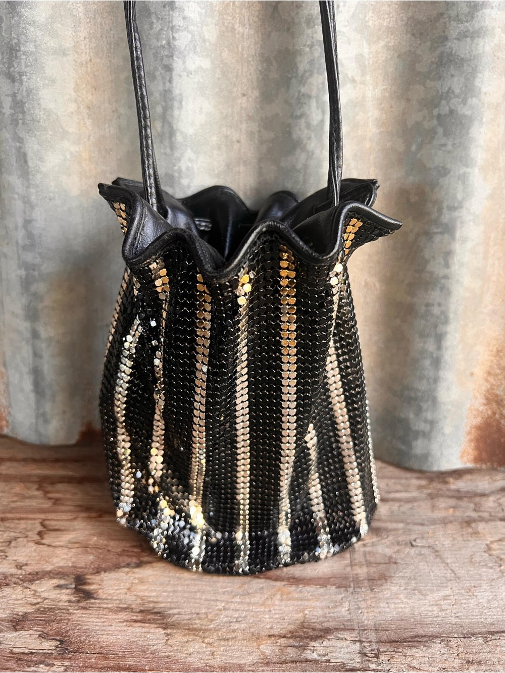 Vintage Black & Gold Metallic Mesh Drawstring Bucket Bag Evening Purse